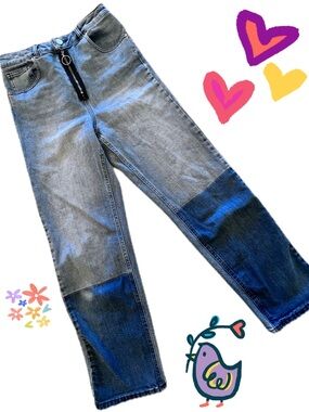 ASOS Ring Pull Zipper 2 tone Patchwork on front of Jeans Waist 28” Inseam 32”